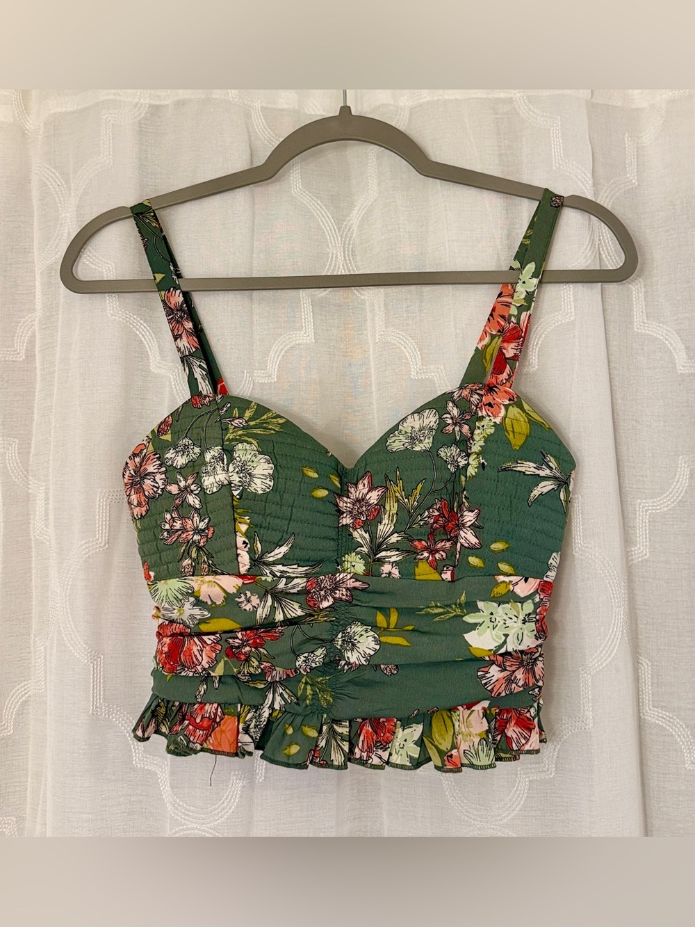 BOG Collective Green Floral Smocked Ruffle Crop Top XS